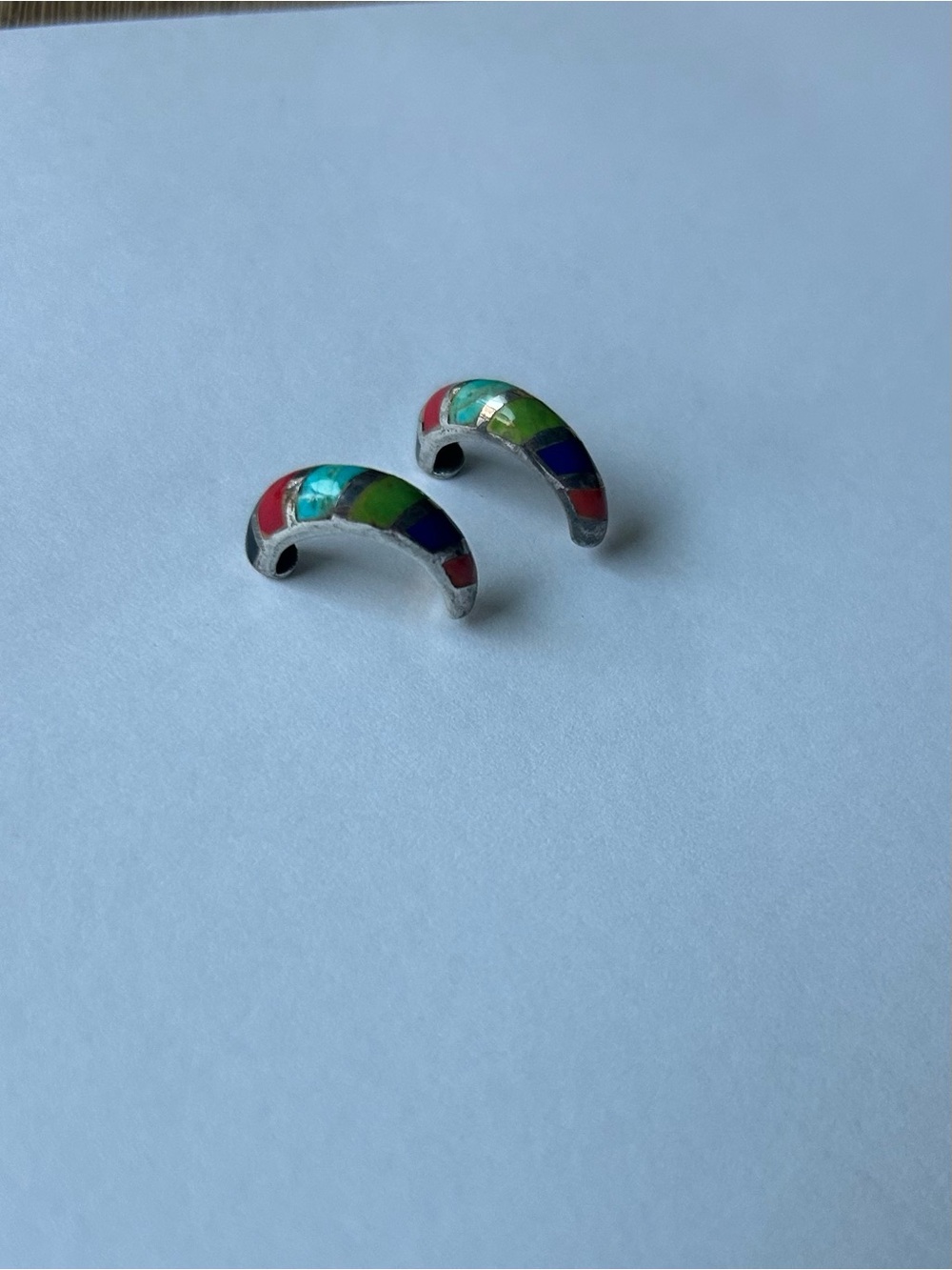 Small Sterling Silver Multicolor Inlaid Stone Hoop Earrings - Vibrant Stripes